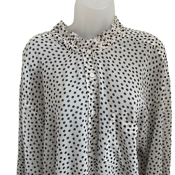 ZARA XS Blouse Popover Button Front Polka Dot White Black Ruffle Top - Picture 4 of 9